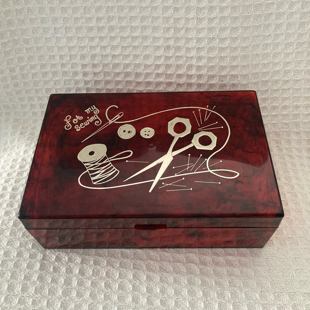 Vintage 50’s, 60’s Amber Color Plastic Sewing Box With “For My Sewing” Graphics